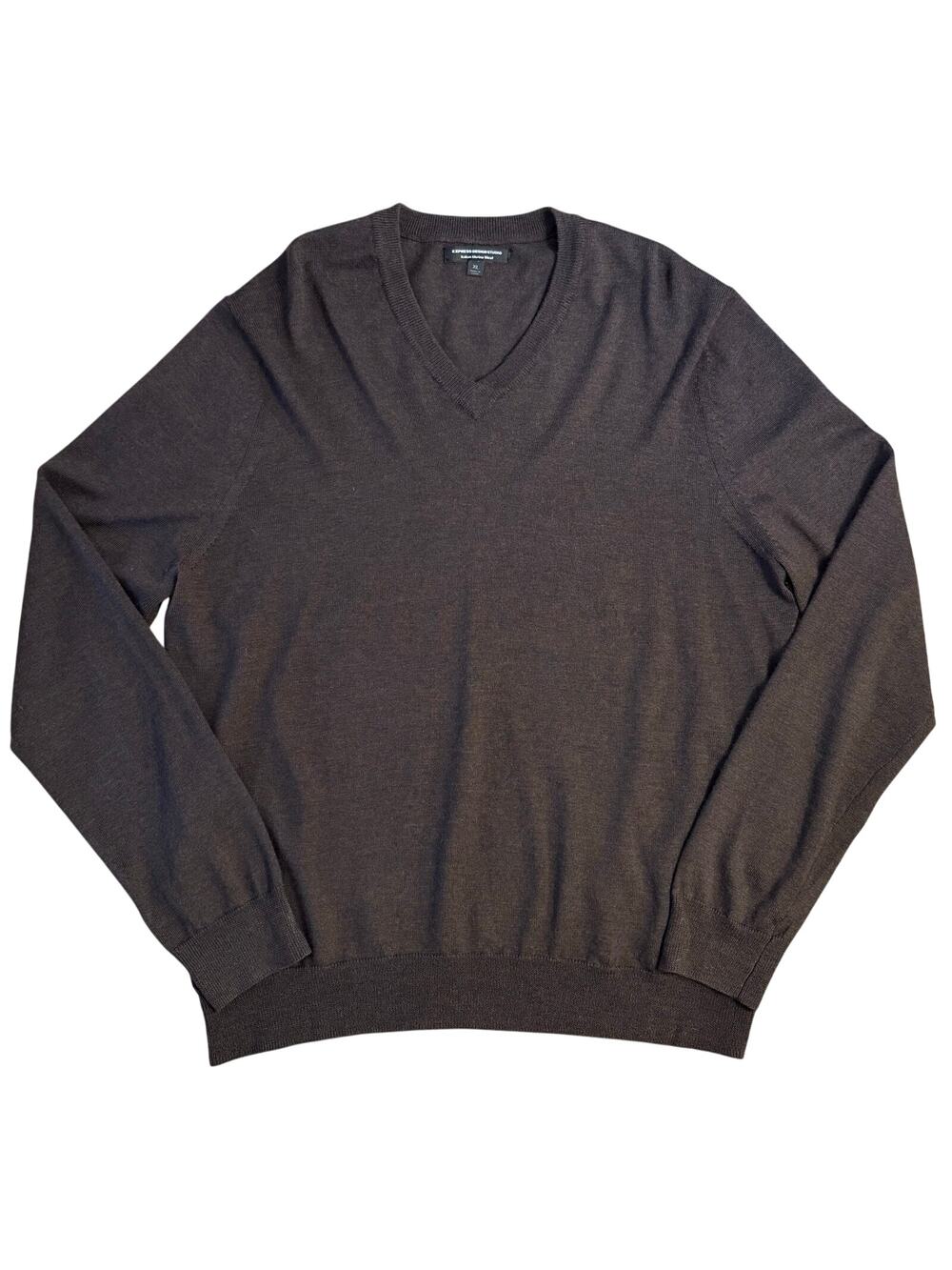 Express Sweater 100% Italian Merino Wool V-Neck Pullover Design Studio Brown XL